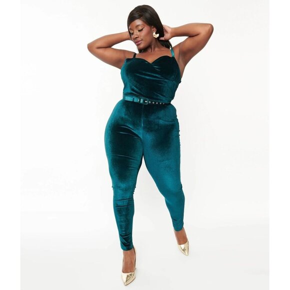Unique Vintage Plus Size 1970s Teal Velvet Jumpsuit - 5X/26 - Picture 1 of 8